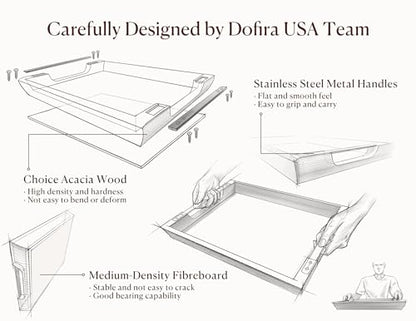 Acacia Wood Serving Tray with Metal Handles, 17x13in Large Ottoman Tray, Food Drinks Tray for Coffee Table, Breakfast, Dinner & Bar, Rustic Decorative Tray for Kitchen, Bedroom Gift Box | Perfect for Breakfast, Drinks, Decor, Appetizers and Snacks, Ideal