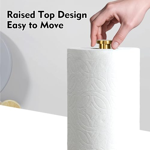 YIGII Marble Base Paper Towel Holder Countertop, Standing Paper Towel Holder with 15-Minute Magnetic Sand Timer, Papertowel Rack for Standard or Jumbo-Sized Roll Paper - style: Gold & White Marble