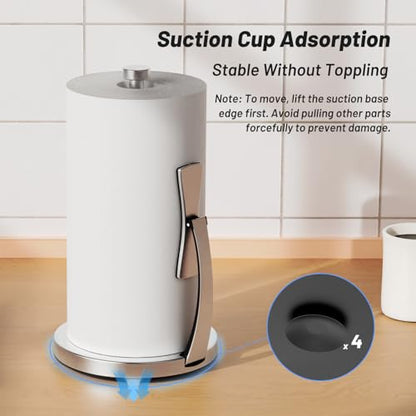 VEHHE Paper Towel Holder Countertop, Paper Towel Holder with Spring Activated Arm and Damping Effect, Simply Tear Paper Towel Stand for Bathroom and Kitchen (Silver) - color: Silver, size: Suction Base