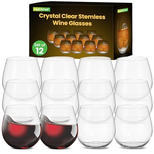 NutriChef 15 oz Stemless Crystal Wine Glasses, Set of 12 Elegant Glasses for Red or White Wine, Ultra-Thin, Lead-Free, Dishwasher Safe, Seamless Bowl Design for Dining, Parties & Bars - style: Elegant
