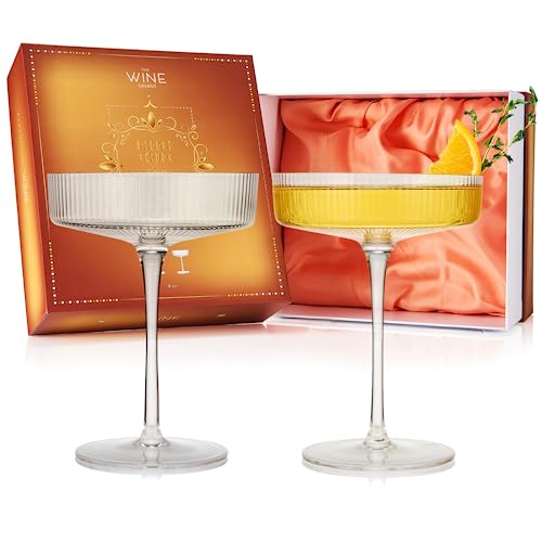 Vintage Art Deco Coupe Glasses, Martini, Champagne & Cocktail Ribbed Glass 7 oz | Set of 2 | Crystal, Manhattan, Cosmopolitan, Sidecar Cocktail Glassware for Champagne , Ripple Glassware - Gift Box - color: Crystal Clear, size: 7 oz (Set of 2)