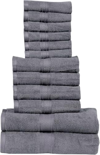 Hillfair 12 piece 600 GSM Cotton Bath Towels - Hotel Spa Quality - 2 Bath, 4 Hand, 6 Washcloths - Absorbent Super Soft Grey Cotton Set - color: Platinum, size: 12 Piece Towel Set