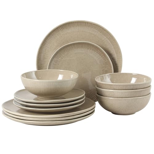 Gibson Elite Sandy Pines Stoneware Plates and Bowls Set - 12 Piece Reactive Glaze Dinnerware Set - Service for 4 - Dishwasher and Microwave Safe - Cream Taupe - color: Cream Taupe (Sandy Pines), size: Service for 4 (12pcs)