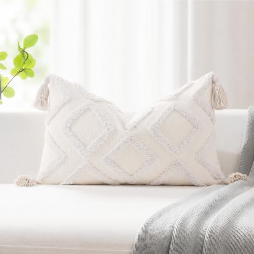 PANOD Soft Chenille Tufted Farmhouse Lumbar Pillow Covers 12x20 Inches Neutral Accent Striped Textured Decorative Pillow for Bed Couch Sofa Livingroom Bedroom Home Decor Tassel White - color: 2-white, size: 20" x 12" (Pack of 1)