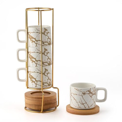 LUKA Porcelain Espresso Cup with Saucer and Metal Stand, 4 Ounce Stackable Ceramic Demitasse Espresso Mugs Cups Set for Latte,Coffee,Cafe Mocha,Tea(Set of 4),Marbling White - color: White Marbling