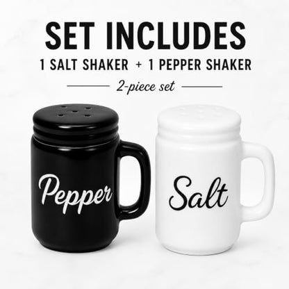 Farmhouse Salt and Pepper Shakers Ceramic Mason Jar 2 oz Set with Handles | Petite 2.5-inch tabletop size · Removable bottom plugs · Dishwasher safe