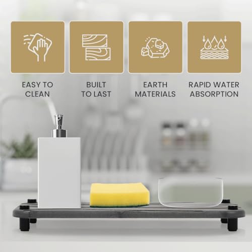 2pc Diatomite Stone Drying Tray, Gray w Blk & Silver Feet | Sink Caddy, Kitchen Sink Organizer, Water Absorbing Bathroom Counter, Absorbent Kitchen Soap Tray - color: Gray
