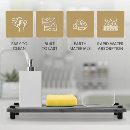 2pc Diatomite Stone Drying Tray, Gray w Blk & Silver Feet | Sink Caddy, Kitchen Sink Organizer, Water Absorbing Bathroom Counter, Absorbent Kitchen Soap Tray - color: Gray