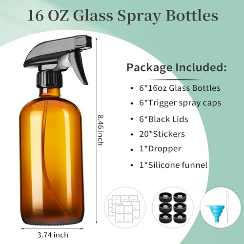 GIVAMEIHF 16oz Amber Glass Spray Bottles,6 Pack Glass Spray Bottles Refillable Empty Bottle with Adjustable Nozzle,Spray Bottle for Essential Oils,Cleaning,Pets,Hair Mister