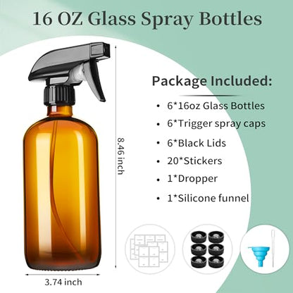 GIVAMEIHF 16oz Amber Glass Spray Bottles,6 Pack Glass Spray Bottles Refillable Empty Bottle with Adjustable Nozzle,Spray Bottle for Essential Oils,Cleaning,Pets,Hair Mister