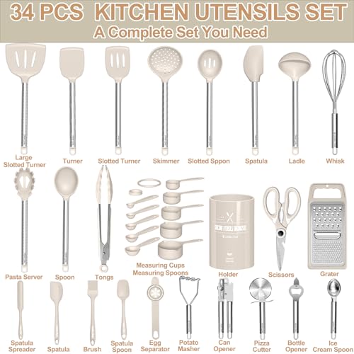 Kitchen Utensils Set-Umite Chef 34 Pcs Silicone Cooking Utensils Set for Nonstick Cookware-Silicone Spatulas Set, Stainless Steel Handle-Khaki Kitchen Gadgets Tools, Pots and Pans Accessories - color: Khaki