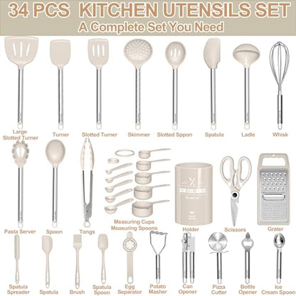 Kitchen Utensils Set-Umite Chef 34 Pcs Silicone Cooking Utensils Set for Nonstick Cookware-Silicone Spatulas Set, Stainless Steel Handle-Khaki Kitchen Gadgets Tools, Pots and Pans Accessories - color: Khaki