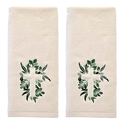 SKL Home Cross with Greenery Hand Towel 2pc Set for Bath/Kitchen/Bar & Gift, Natural - color: Cross With Greenery