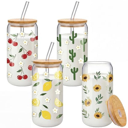 Cute Glass Cup Set of 4, 16 oz Iced Coffee Cups with Bamboo Lids Straws and Brush, Cherry Lemon Cactus Sunflower Floral Design, Gift for Women Girls Friend Bridesmaid Birthday Wedding
