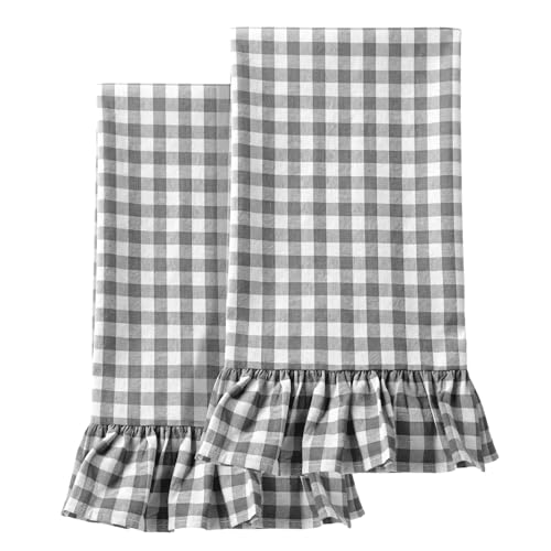 HunnmingRe Gray Kitchen Towels Set of 2, 100% Cotton Ruffled Gingham Dish Towels 18"x28" Tea Cloths Classic Plaid Pattern for Farmhouse Charm, Drying Dishes, Entertaining Guests - color: Gray, style: Gingham