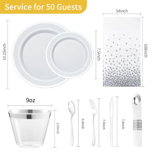 352 Piece Silver Plastic Dinnerware Set for 50 Guests | Includes: 50 Dinner Plates 50 Dessert Plates, 50 Pre Rolled Napkins with Silverware, 50 Cups, 2 Tablecloth - color: Silver, style: 352 Piece (50 guests)