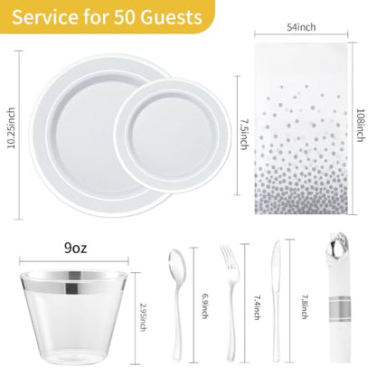 352 Piece Silver Plastic Dinnerware Set for 50 Guests | Includes: 50 Dinner Plates 50 Dessert Plates, 50 Pre Rolled Napkins with Silverware, 50 Cups, 2 Tablecloth - color: Silver, style: 352 Piece (50 guests)
