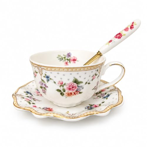 Noviko Floral Teacup and Saucer Set Vintage Porcelain Tea Cup, 7 oz - color: Multicolor B