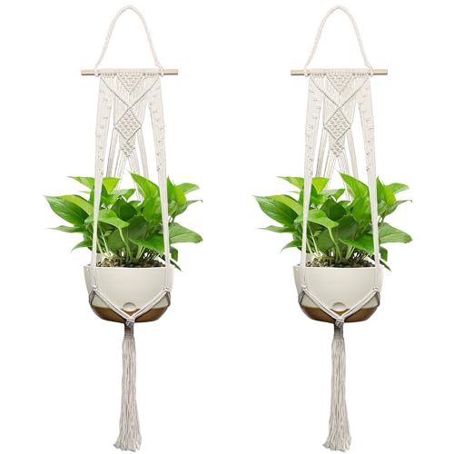 USLAI Macrame Plant Hanger Indoor Outdoor, Up to 4-12 Inch Pots, Hanging Planter Holder with Dowel Rod and Tassels, Boho Home Decor, 47+47 Inch, Ivory (POTS NOT Included) - color: 47+47 Inch - Ivory