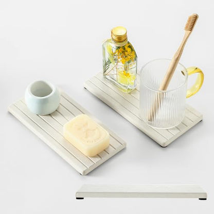 2 Pack Greige Bathroom Sink Vanity Trays, Diatomite Stone Kitchen Counter Caddy Dish Soap Dispenser Sponge Holder, Water Absorbing Mat Organizer for Plant,Cosmetic Bottle, Beige, 8"x3.8" - color: 2pcs - 8"x 3.8" - Beige