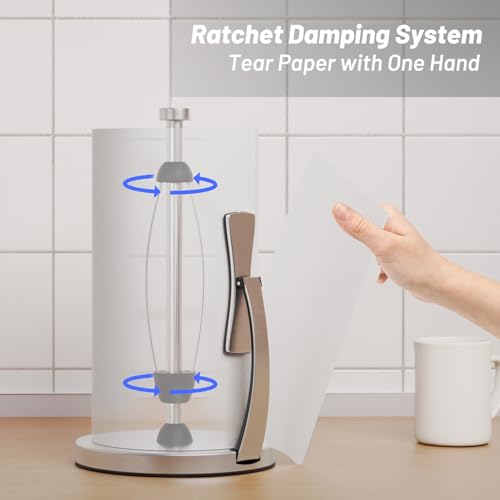 VEHHE Paper Towel Holder Countertop, One-Handed Tear, Stainless Steel, Stand Paper Towel Holder with Spring Activated Arm & Non Slip Weighted Base, for Kitchen Bathroom (Silver) - color: Silver, size: Eva Pad Base