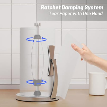 VEHHE Paper Towel Holder Countertop, One-Handed Tear, Stainless Steel, Stand Paper Towel Holder with Spring Activated Arm & Non Slip Weighted Base, for Kitchen Bathroom (Silver) - color: Silver, size: Eva Pad Base