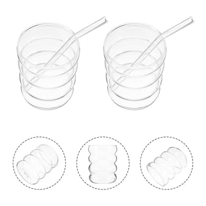 Ribbed Glass Cups and Straws Set 300ml Wavy Drinking Glasses for Adults with Straw Brushes Glassware for Iced Coffee Juice Milk Matcha 9pcs Kitchen Essentials