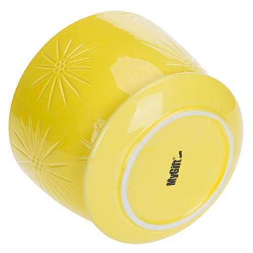 MyGift 7 Inch Yellow Ceramic Planter Pot with Sunburst Design & Saucer | Bright tabletop planter features a textured geometric finish & built-in water tray, perfect for herbs, flowers, and greenery - color: Yellow