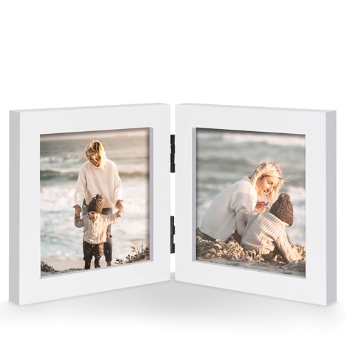 4x4 Square Double Picture Frame, White Clean-Lined Wood Frame | Foldable hinged design, holds two 4 x 4 photos, 3.5x3.5 visible openings for tabletop or wall display - color: White, size: 2-4x4