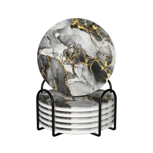 Black Grey Marble 6 Pcs Ceramic Coaster Set with Holder/Cork Luxury Abstract Dark Black Ombre Gold Ink Texture Absorbent Round Cup Drink Coasters Set for Modern Coffee Table Bar Wine Beer Protect - color: Brown Black Gray Marble, size: Round