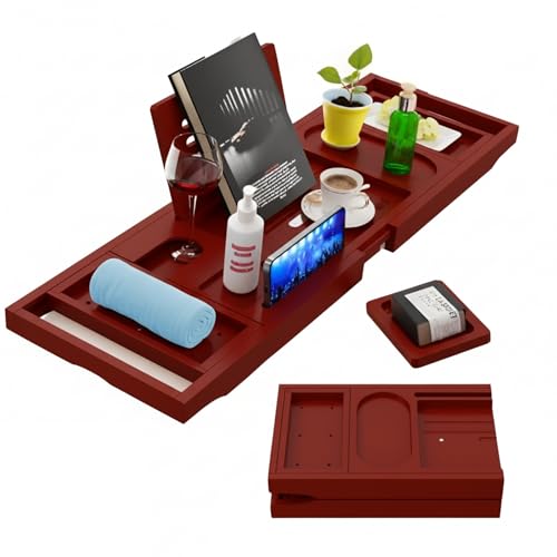 Bamboo Bathtub Caddy Tray Expandable & Foldable Bath Shelfwith Book, Tablet & Wine Holder Adjustable Wooden Bath Tray for Relaxing Spa atHome – Fits Most Tub Sizes. - color: Wood Brown