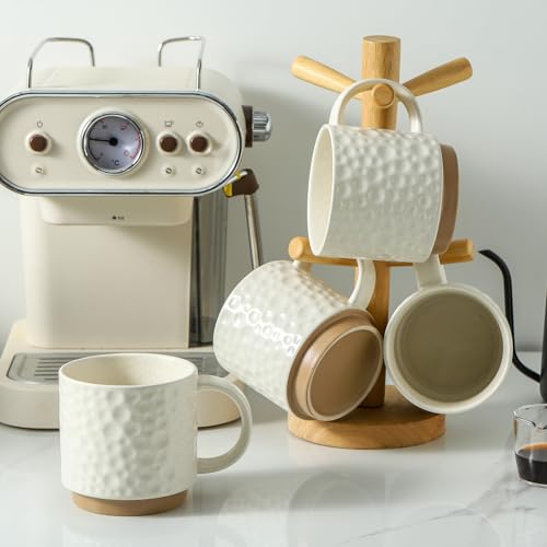 Nihow 16OZ Stackable Coffee Mug Set, Large Ceramic Coffee Mug Set of 4,Coffee Cup Set for Cappuccino/Latte/Cocoa,Dishwasher & Microwave Safe, Matte White - color: Matte White, size: 16 oz Without Stand