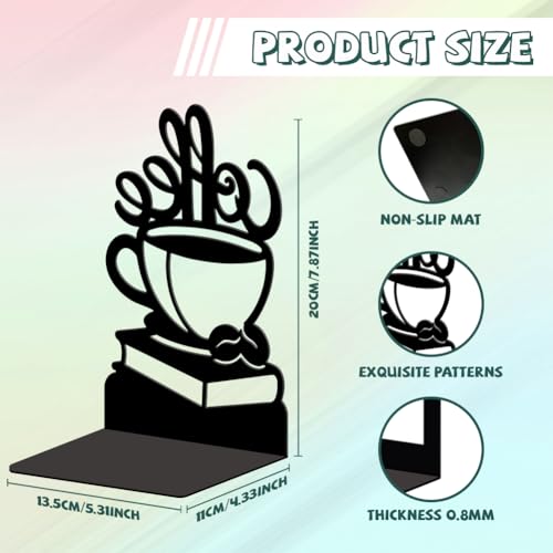 5.3"x4.3"x7.9" Metal Bookends, Heavy Duty Book Ends for Shelves | Coffee Beans and Books Theme Cast Iron Book Supports, 1 Pair Decor Stoppers for Desk, Library, Office & Home Shelves - style: Coffee Beans and Books