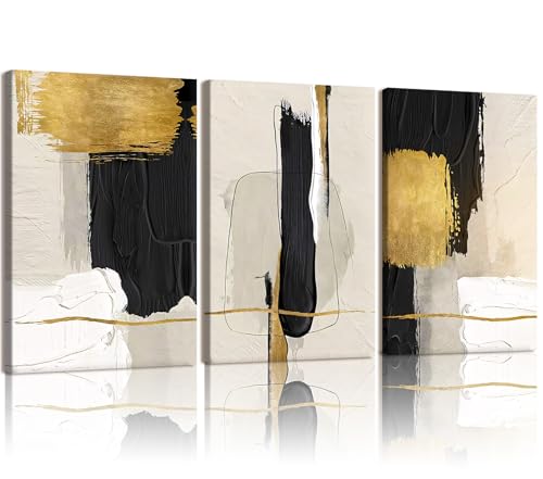 RZIGERNO 3 Pcs Black White and Gold Abstract Wall Art Modern Textured Framed Canvas Prints Painting 12x16 Inch Neutral Minimalist Wall Decor Poster for Living Room Bedroom Office - color: Black and gold abstract, size: 16"L x 12"W