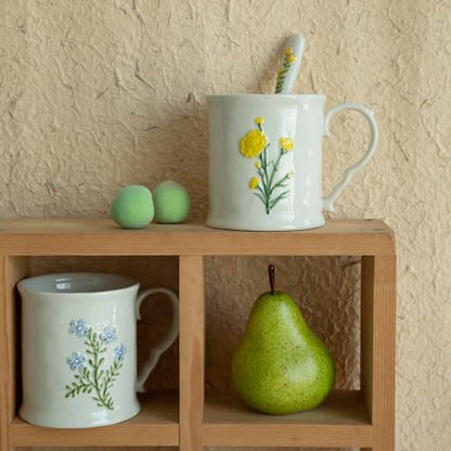2 Pack Floral Ceramic Coffee Mugs - Yellow and Blue Flowers, Hand-Painted, Microwave & Dishwasher Safe, Ideal for Cappuccino, Tea, Hot Chocolate - color: Two-piece set