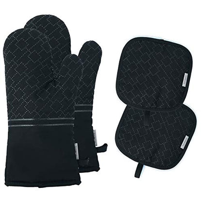 4Pcs Oven Mitts and Pot Holders Set, 572F Heat Resistant Oven Glove, Soft Cotton Lining with Non-Slip Surface for Kitchen Baking BBQ (Black) - color: Black