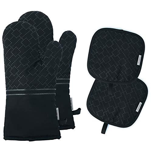 4Pcs Oven Mitts and Pot Holders Set, 572F Heat Resistant Oven Glove, Soft Cotton Lining with Non-Slip Surface for Kitchen Baking BBQ (Black) - color: Black