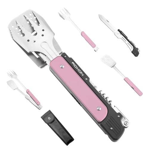 ROXON 6-in-1 Grill Tools Set, Metal Griddle Accessories Kit for Blackstone | BBQ Utensils: Tongs, Fish Spatula, Fork, Knife, Opener & Corkscrew; Stainless Steel, for Flat Top Cooking, Camping & Outdoor - color: Pink