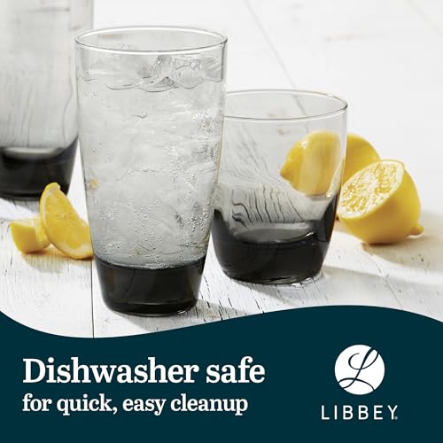 Libbey Classic Tumbler & Rocks Drinking Glasses Set of 16, Clear Glass Cups | 18 oz and 13 oz Capacities for Water, Soda, Cocktails, and More with Smoke-Tinted Bases and Dishwasher-Safe Cleanup - color: 03 - Classic Smoke