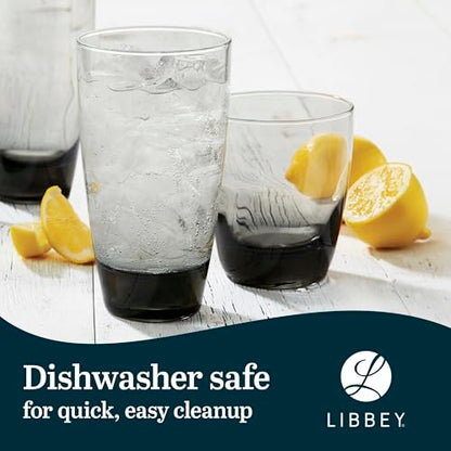 Libbey Classic Tumbler & Rocks Drinking Glasses Set of 16, Clear Glass Cups | 18 oz and 13 oz Capacities for Water, Soda, Cocktails, and More with Smoke-Tinted Bases and Dishwasher-Safe Cleanup - color: 03 - Classic Smoke