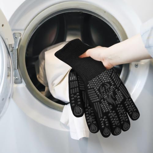 BBQ Gloves, 1472°F Heat Resistant with Silicone Grip Oven Mitts | Non-Slip Grip, for BBQ, Grilling, Oven, Smoker, Cooking and Baking - color: Black, size: Long (Glove L 13.78" × Palm W 6.33")