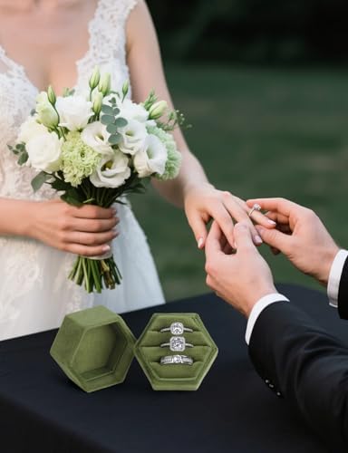 MFXIP Velvet 3 Slots Jewelry Ring Box Engagement Wedding Box Keepsake Box Bridal Photo Ring Triple Slots Hexagon - color: Military Green