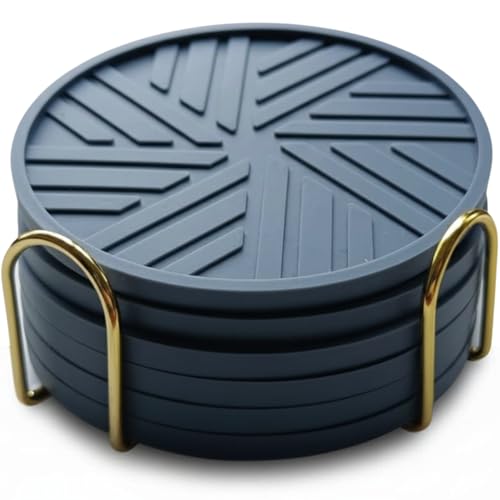 Silicone Coasters Set of 6 & Gold Holder with smart Modern Groove Patterns - Blue Gray - color: Dusty Blue
