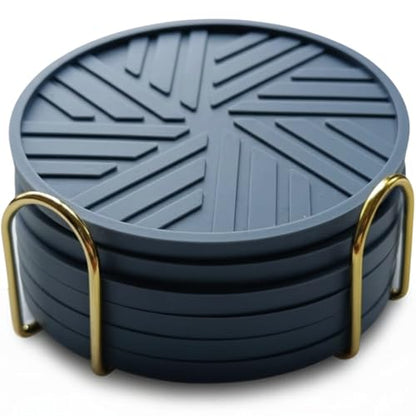 Silicone Coasters Set of 6 & Gold Holder with smart Modern Groove Patterns - Blue Gray - color: Dusty Blue