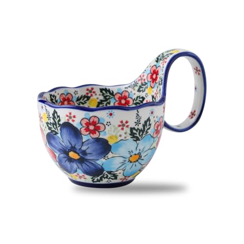 18oz Large Soup Bowl with Loop Handle, Ceramic Handpainted Decorative Mug Cup with Handle, Bowl for Soup Cereal Fruits Chili Stew Ice Cream, Dishwasher Microwave Safe Housewarming Gift for Mom - color: SX-BOWL