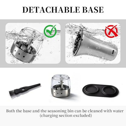 Electric Salt and Pepper Grinder Set - Larger Capacity Pepper Mill | Stainless Steel Automatic Salt and Pepper Shakers - 5 Adjustable Coarseness Rechargeable Pepper Grinder with LED Light