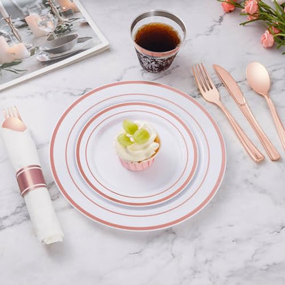 175 Piece Rose Gold Plastic Dinnerware Set for 25 Guests | Disposable Dinnerware Includes: 25 Dinner Plates, 25 Dessert Plates, 25 Pre Rolled Napkins with Silverware, 25 Cups - color: Rose Gold, style: 175 Piece (25 guests)