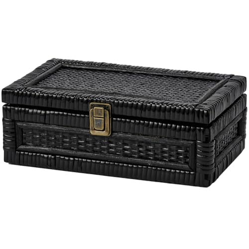 Rattan Box with Lid Decorative Natural Handmade Boho Baskets | Keepsake Memory Jewelry Container, Rectangular Desk Shelf Closet Organizer, Woven Wicker Cane Bins, Black, Small Size - color: Black, size: Small