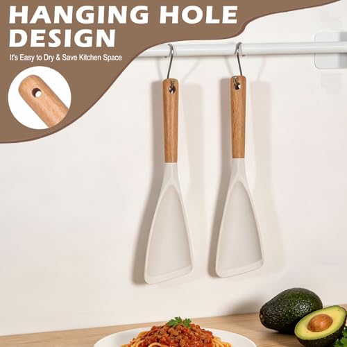 Cooking Spoon for Nonstick Cookwares, Multifunction Spatula Spoon, Great for Both Cooking and Serving, Wood Handle Spoon for Stirring, Mixing, Serving (2, WHITE) - color: White