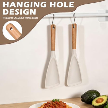 Cooking Spoon for Nonstick Cookwares, Multifunction Spatula Spoon, Great for Both Cooking and Serving, Wood Handle Spoon for Stirring, Mixing, Serving (2, WHITE) - color: White